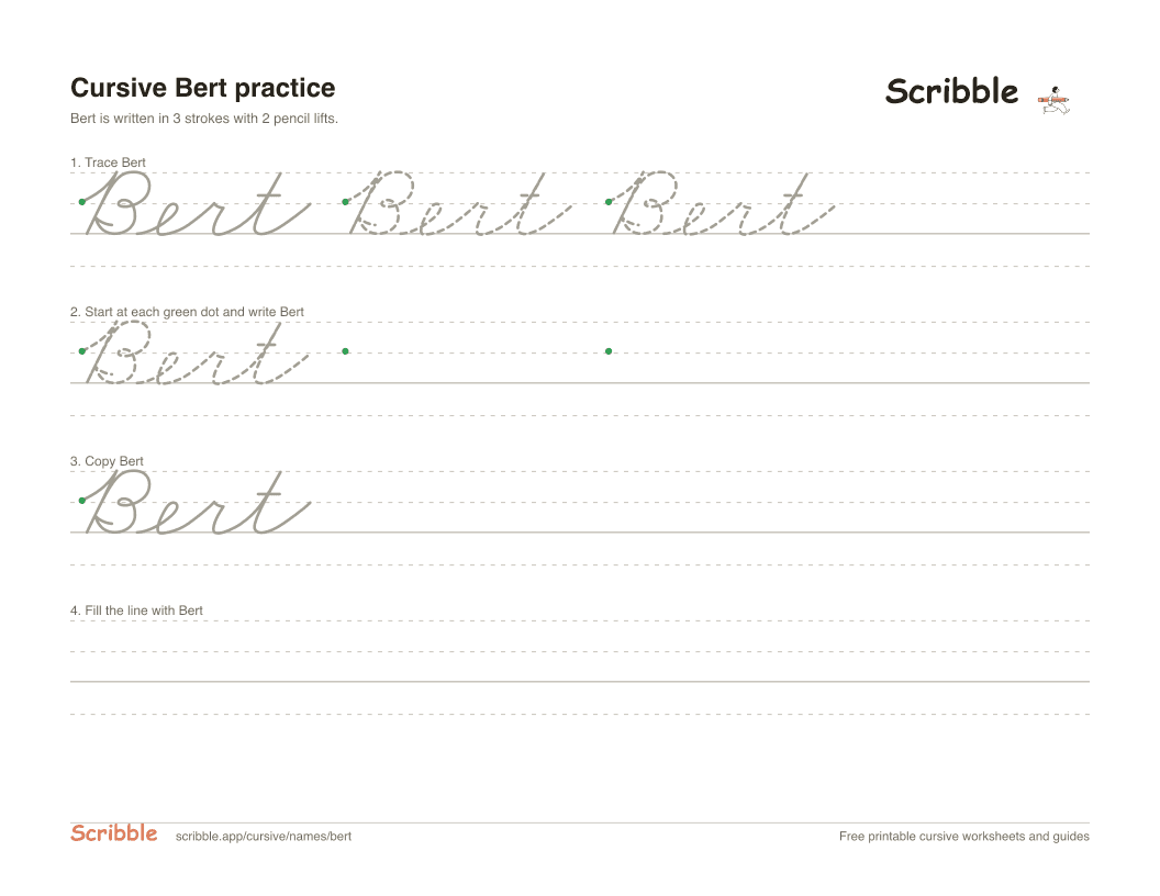 Preview of the printable Bert in cursive worksheet: trace, copy, and practice rows