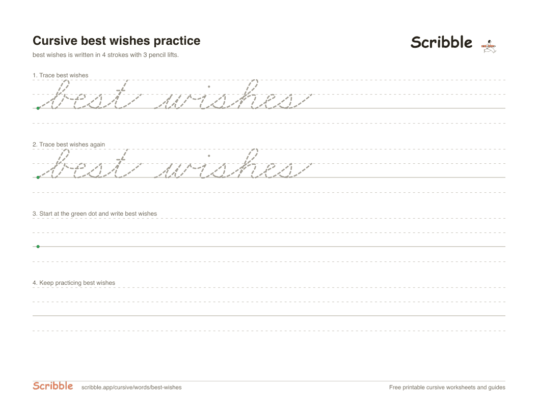 Preview of the printable best wishes in cursive worksheet: trace, copy, and practice rows