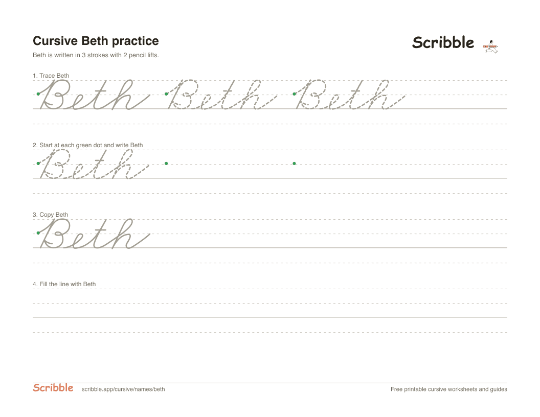 Preview of the printable Beth in cursive worksheet: trace, copy, and practice rows