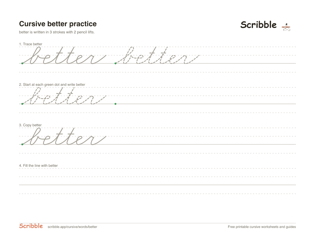 Preview of the printable better in cursive worksheet: trace, copy, and practice rows