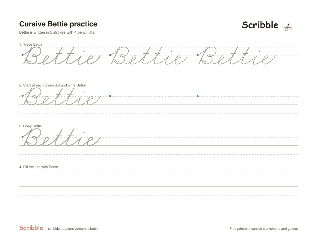 Preview of the printable Bettie in cursive worksheet: trace, copy, and practice rows