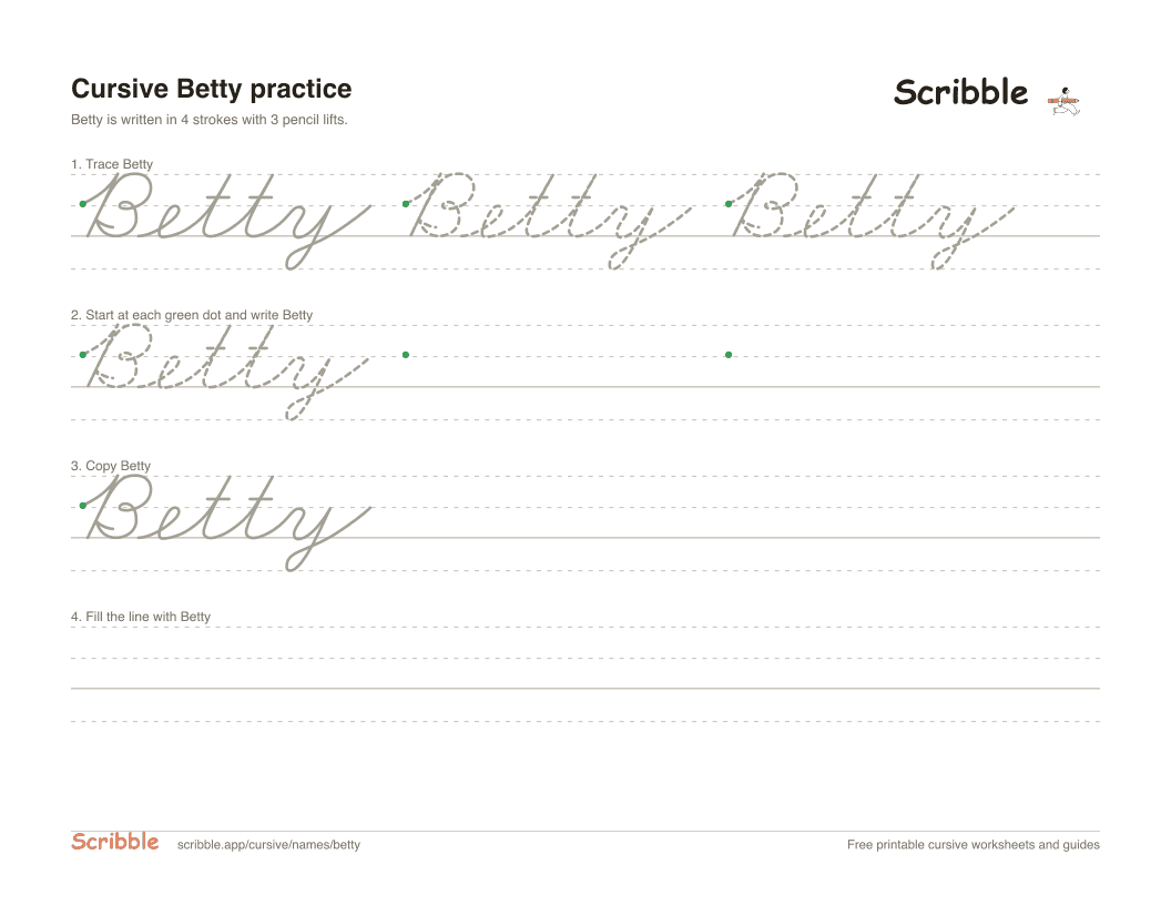 Preview of the printable Betty in cursive worksheet: trace, copy, and practice rows
