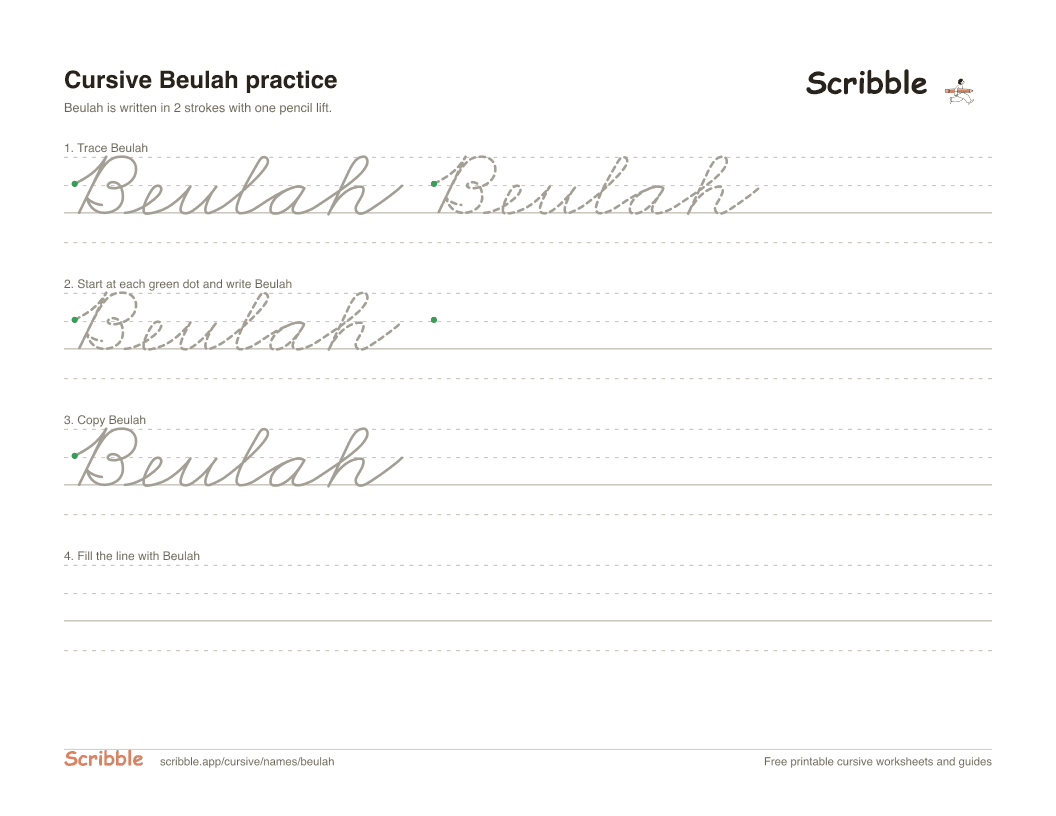 Preview of the printable Beulah in cursive worksheet: trace, copy, and practice rows
