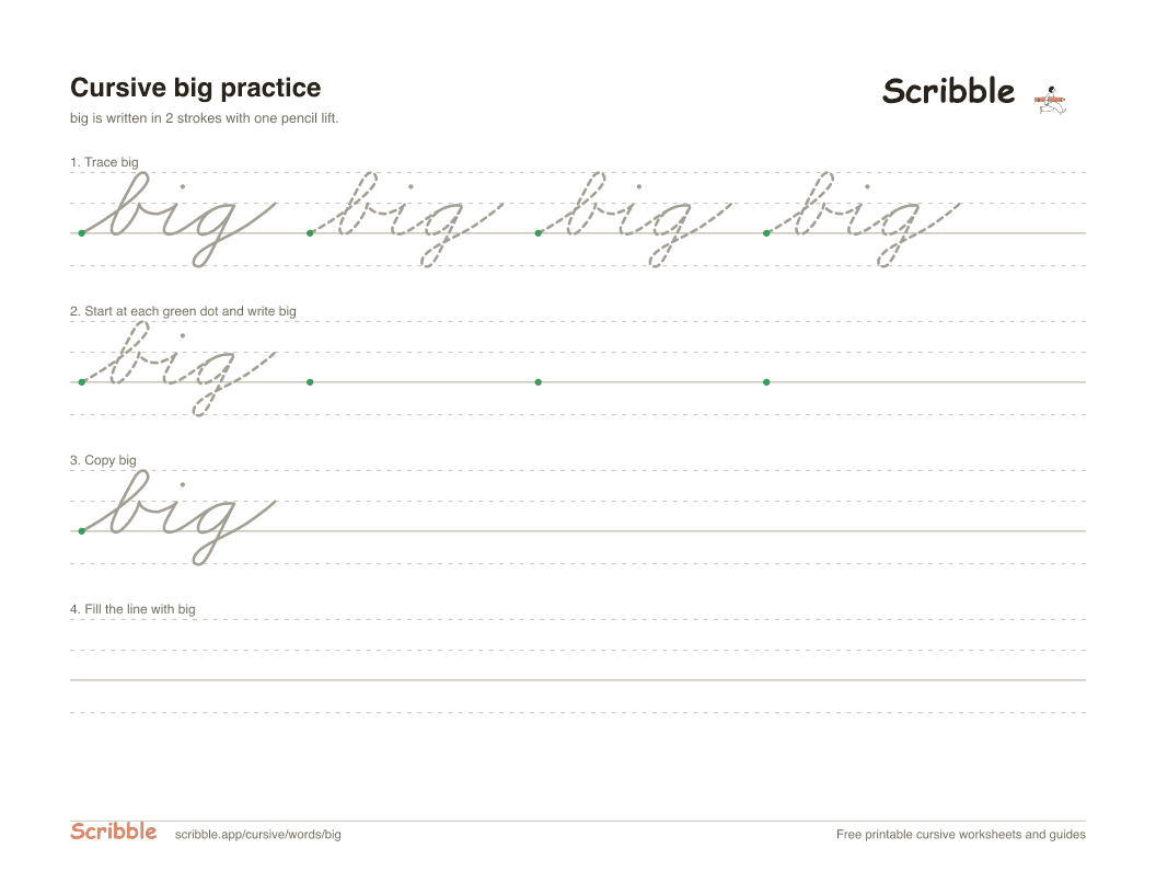 Preview of the printable big in cursive worksheet: trace, copy, and practice rows