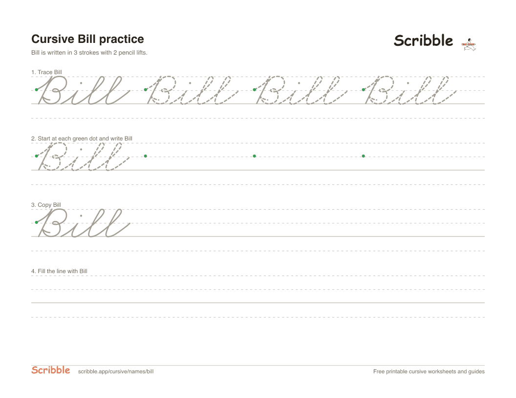 Preview of the printable Bill in cursive worksheet: trace, copy, and practice rows