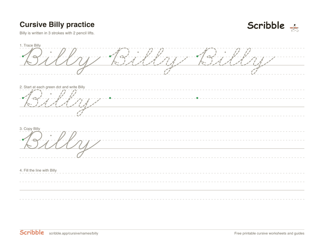 Preview of the printable Billy in cursive worksheet: trace, copy, and practice rows