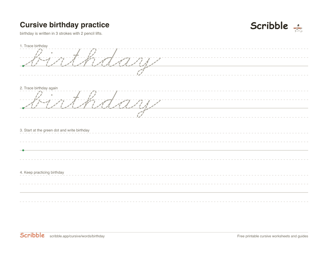 Preview of the printable birthday in cursive worksheet: trace, copy, and practice rows