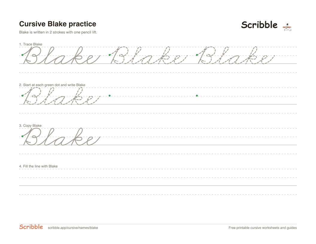 Preview of the printable Blake in cursive worksheet: trace, copy, and practice rows