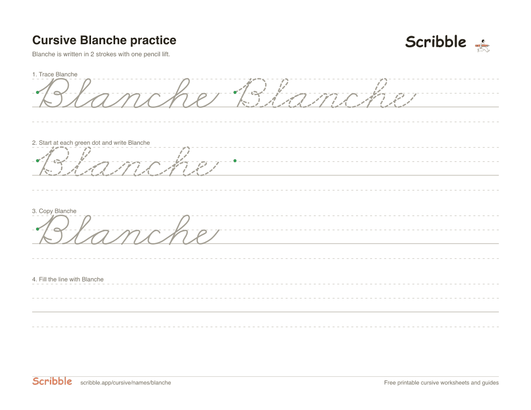 Preview of the printable Blanche in cursive worksheet: trace, copy, and practice rows