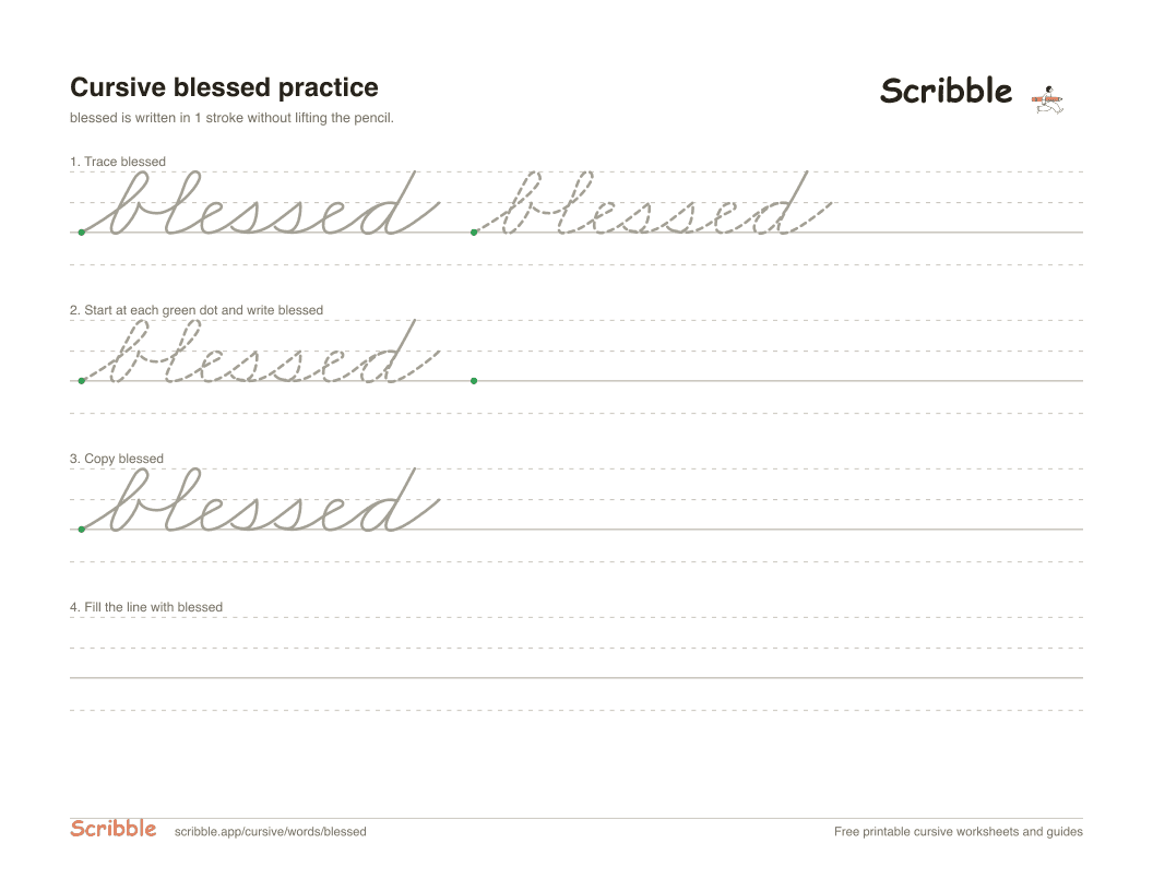 Preview of the printable blessed in cursive worksheet: trace, copy, and practice rows