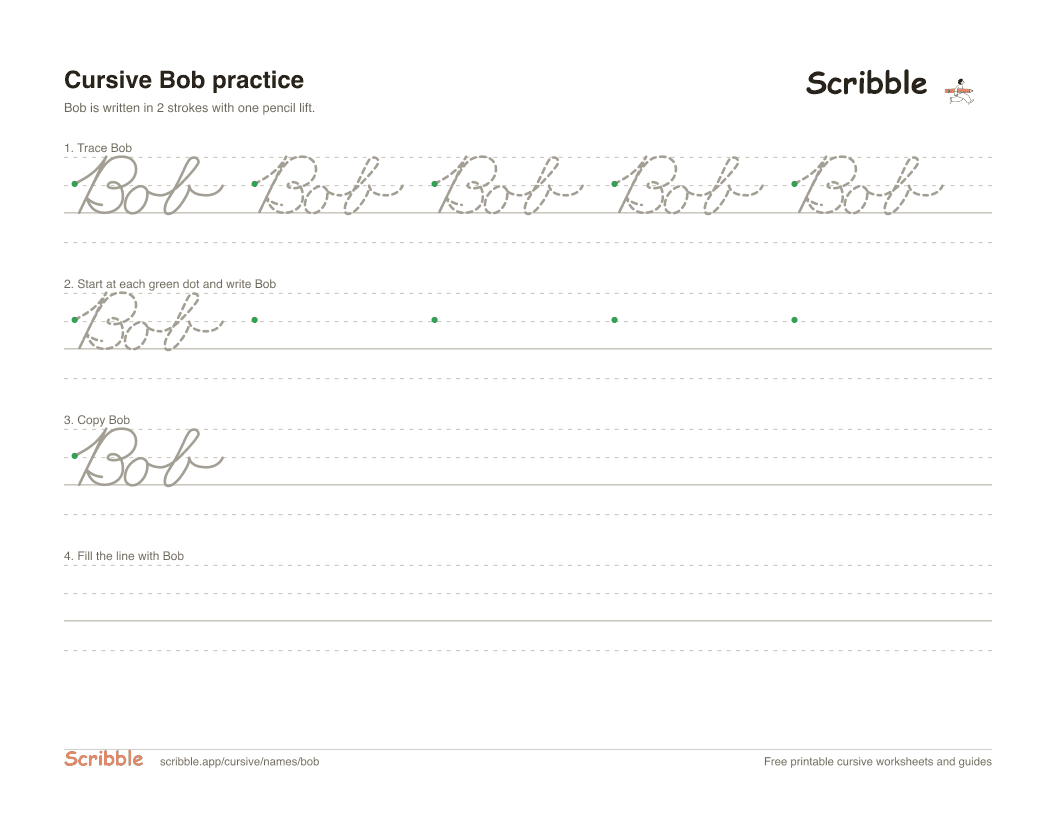 Preview of the printable Bob in cursive worksheet: trace, copy, and practice rows
