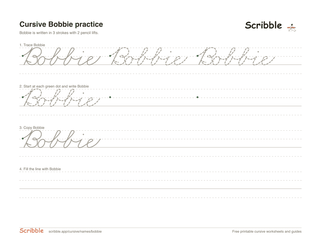Preview of the printable Bobbie in cursive worksheet: trace, copy, and practice rows