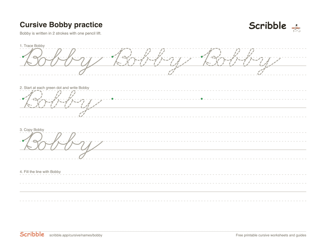 Preview of the printable Bobby in cursive worksheet: trace, copy, and practice rows