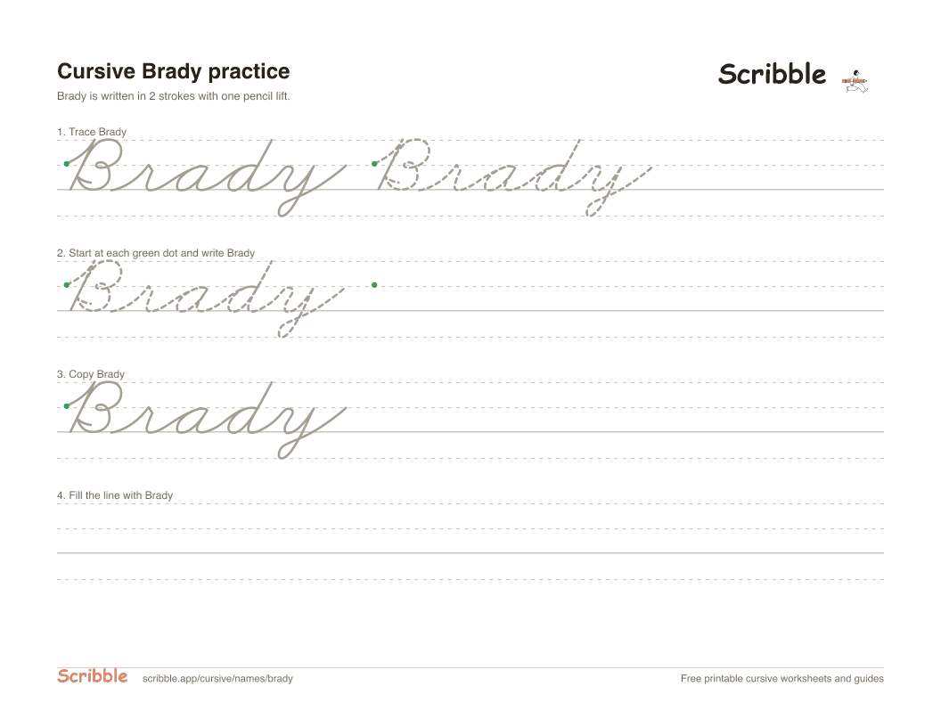 Preview of the printable Brady in cursive worksheet: trace, copy, and practice rows