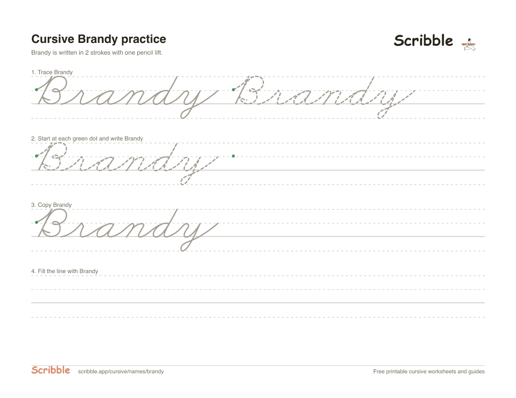 Preview of the printable Brandy in cursive worksheet: trace, copy, and practice rows