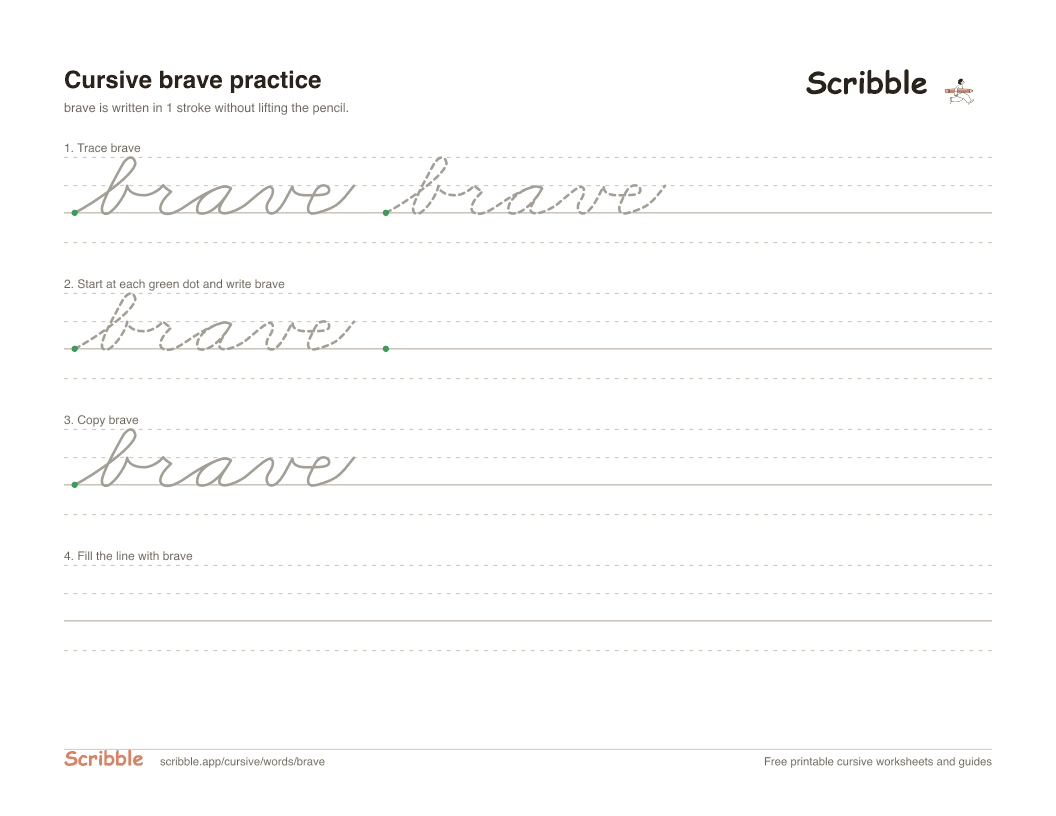 Preview of the printable brave in cursive worksheet: trace, copy, and practice rows