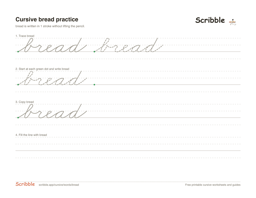 Preview of the printable bread in cursive worksheet: trace, copy, and practice rows