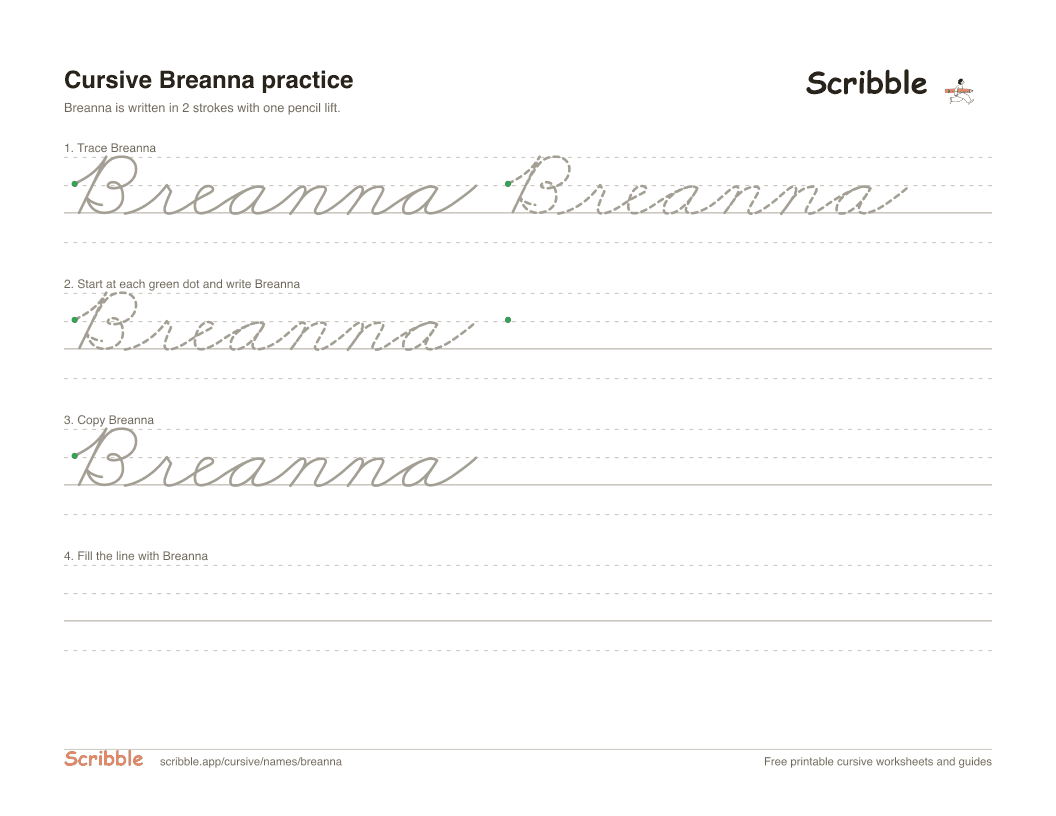 Preview of the printable Breanna in cursive worksheet: trace, copy, and practice rows