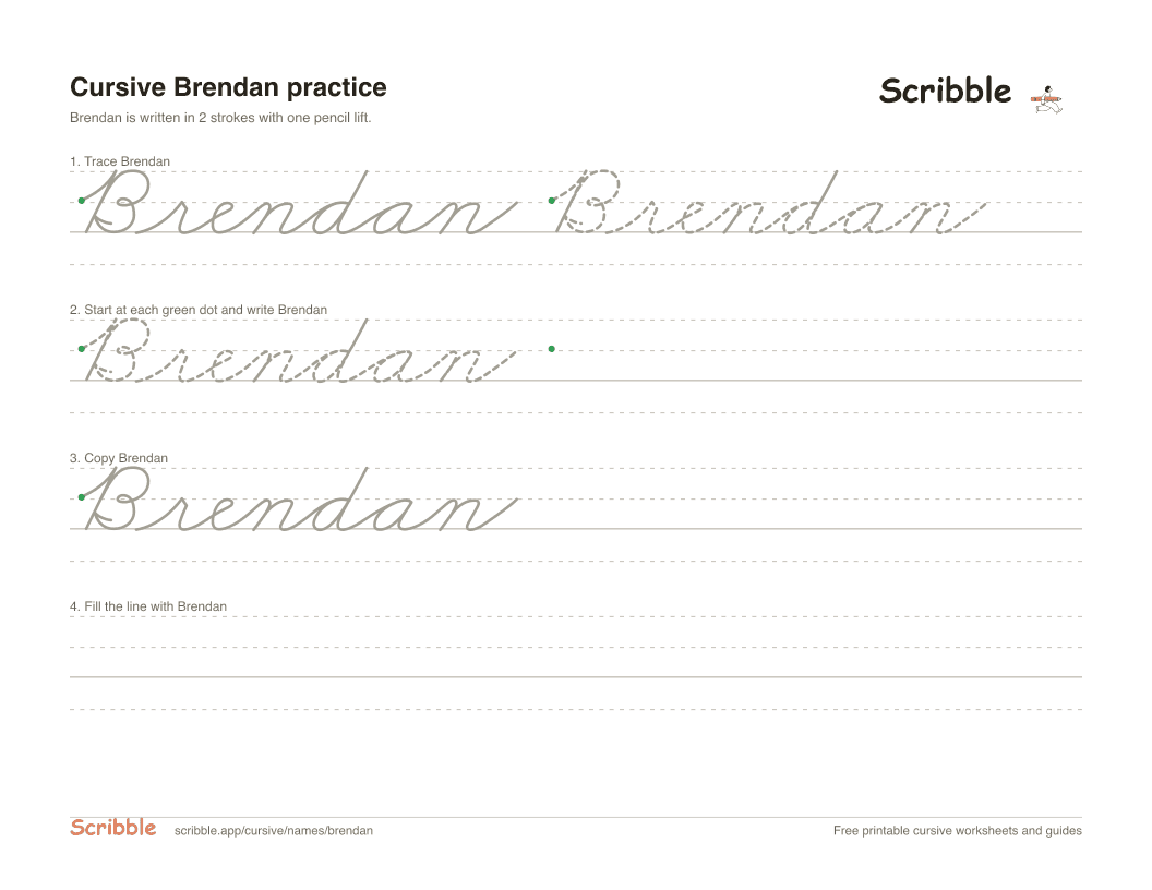 Preview of the printable Brendan in cursive worksheet: trace, copy, and practice rows