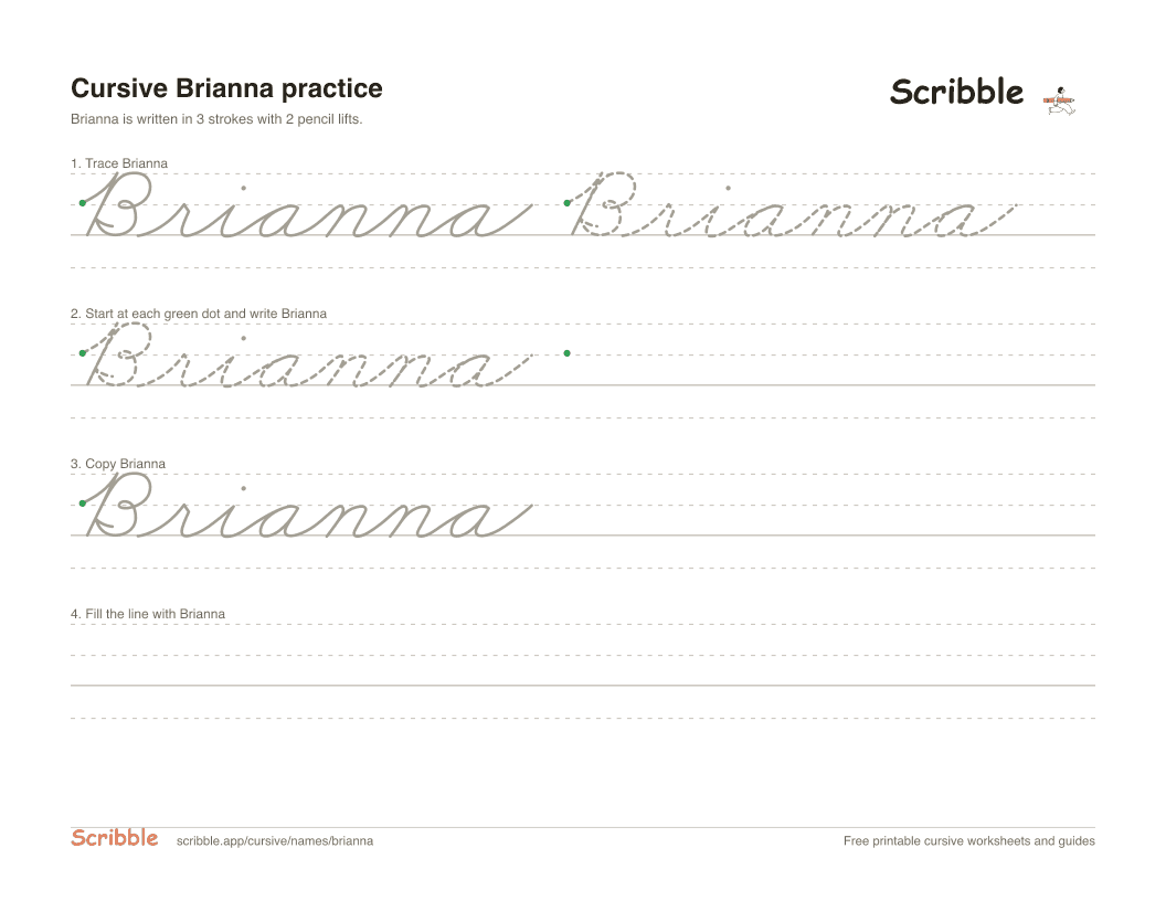 Preview of the printable Brianna in cursive worksheet: trace, copy, and practice rows
