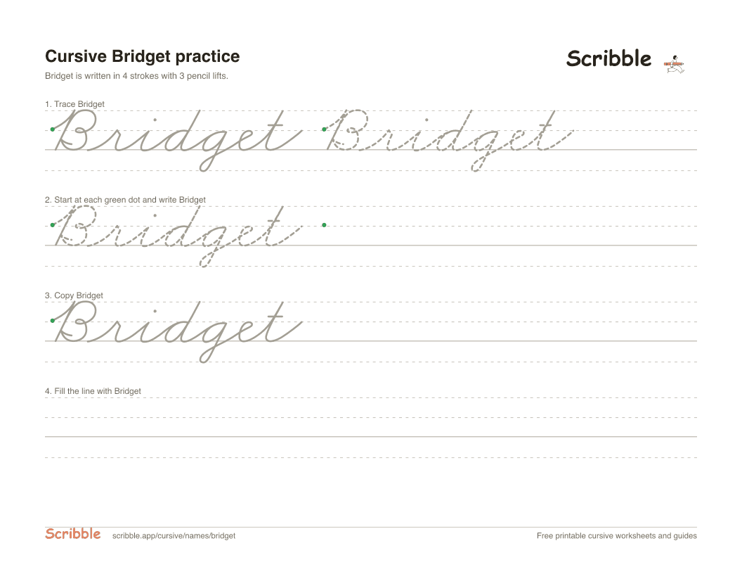 Preview of the printable Bridget in cursive worksheet: trace, copy, and practice rows