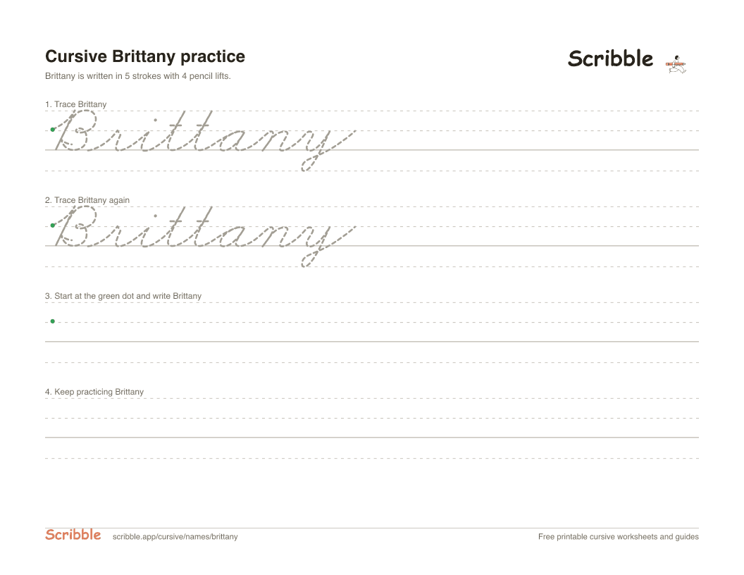 Preview of the printable Brittany in cursive worksheet: trace, copy, and practice rows