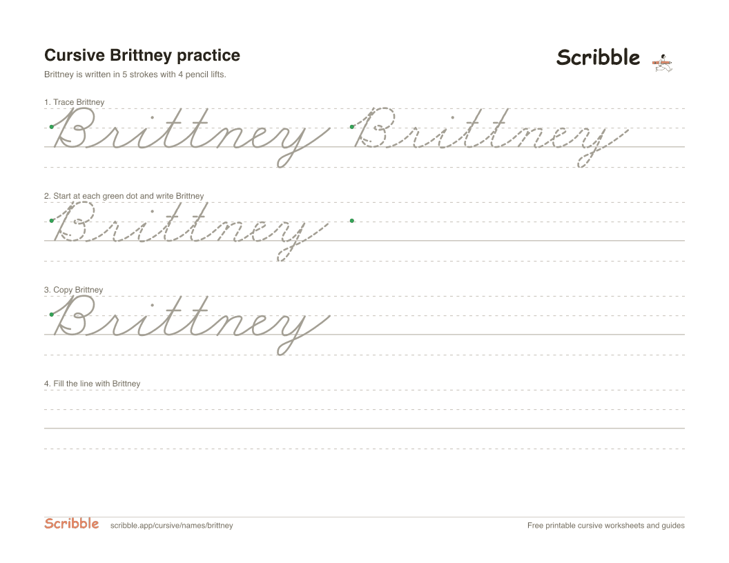 Preview of the printable Brittney in cursive worksheet: trace, copy, and practice rows