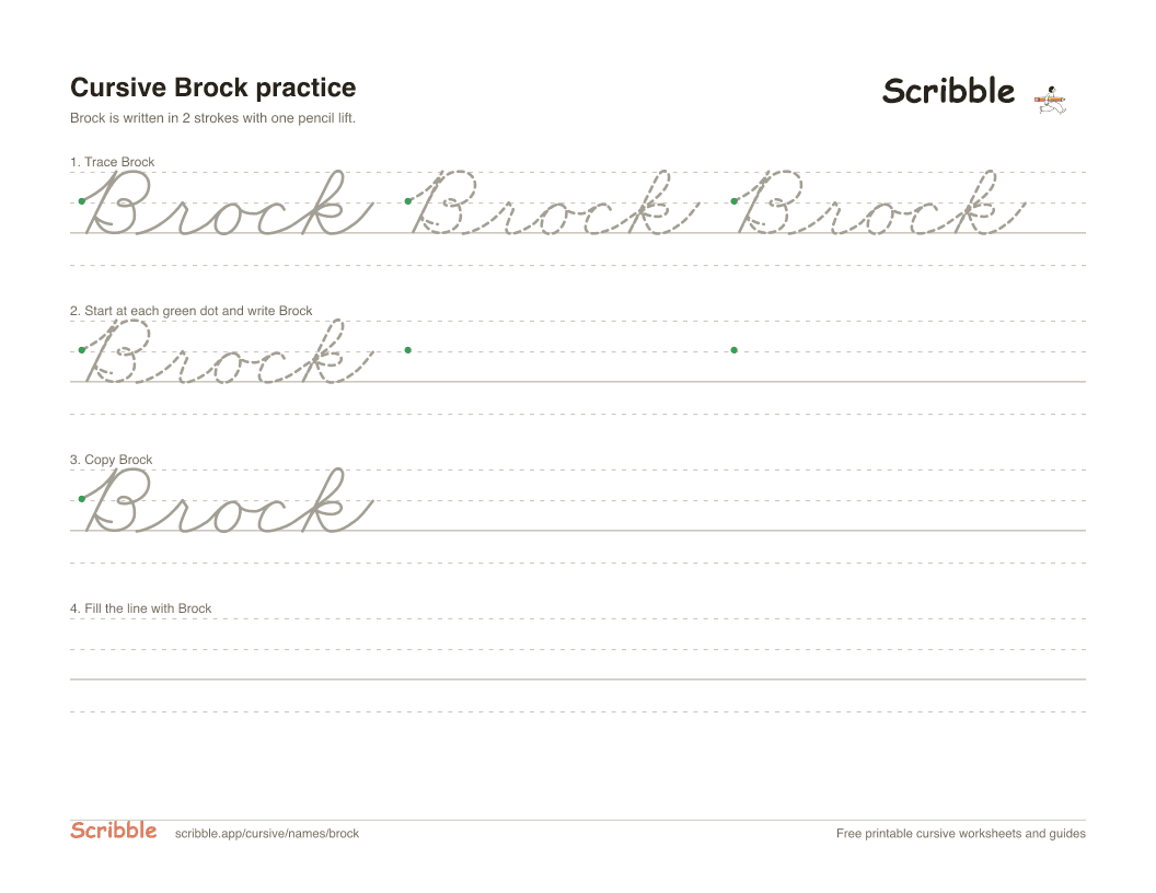 Preview of the printable Brock in cursive worksheet: trace, copy, and practice rows