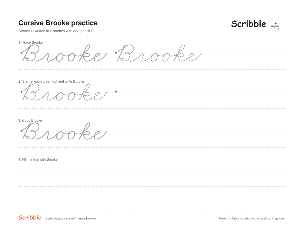 Preview of the printable Brooke in cursive worksheet: trace, copy, and practice rows