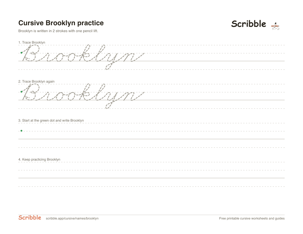 Preview of the printable Brooklyn in cursive worksheet: trace, copy, and practice rows