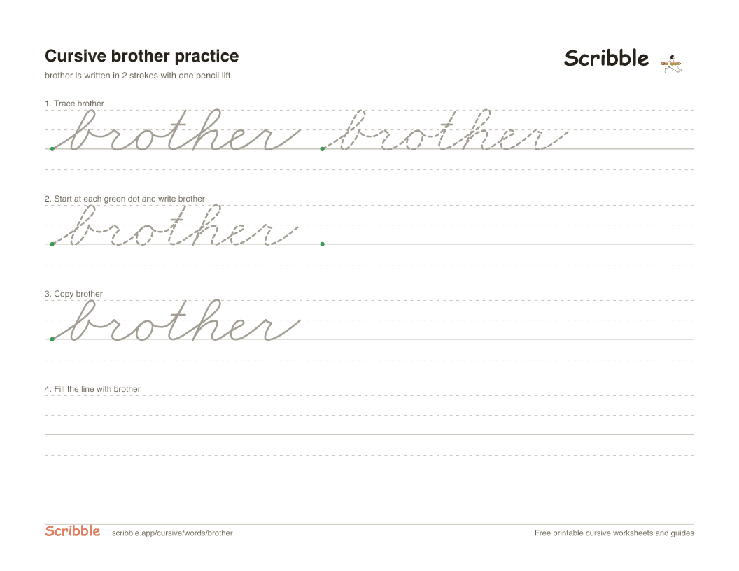 Preview of the printable brother in cursive worksheet: trace, copy, and practice rows