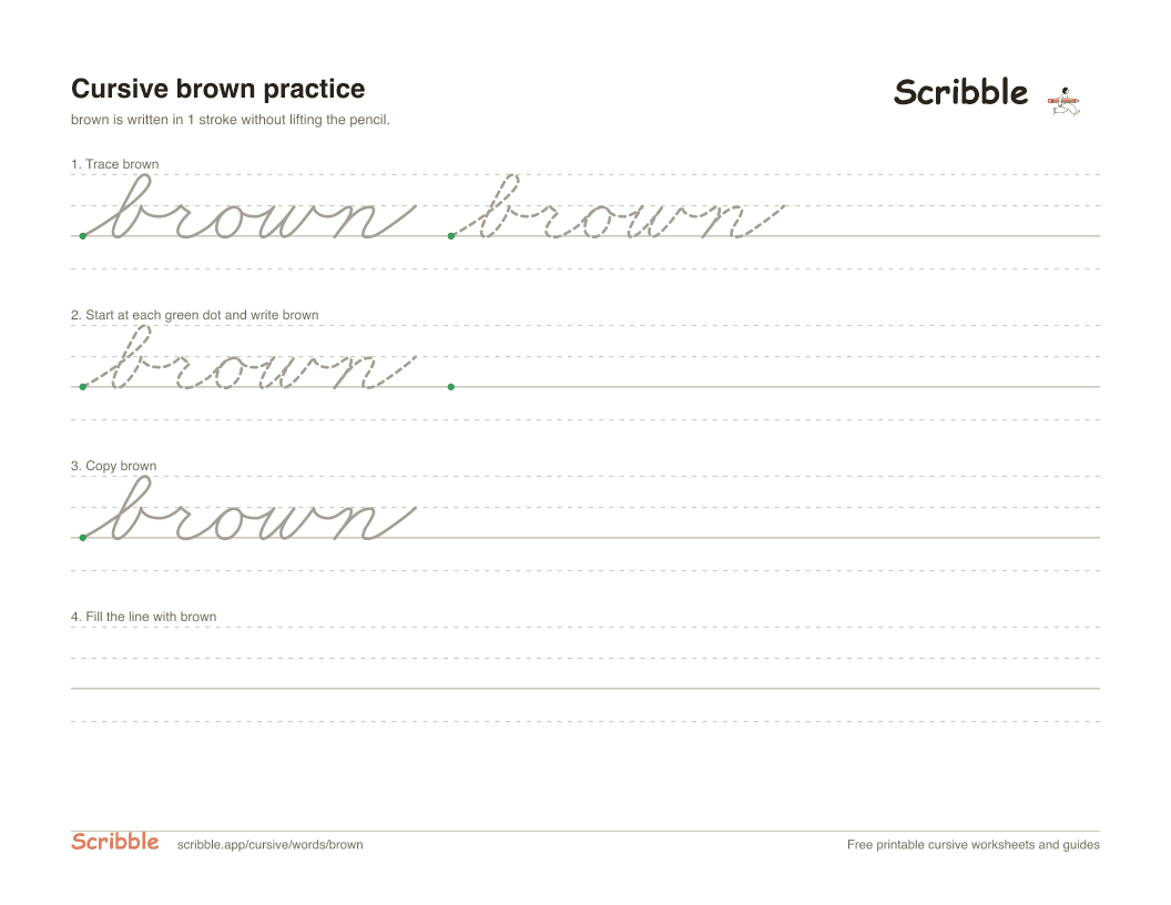 Preview of the printable brown in cursive worksheet: trace, copy, and practice rows