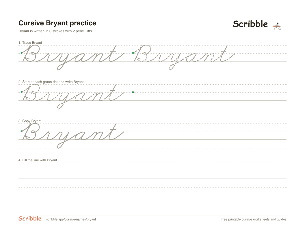 Preview of the printable Bryant in cursive worksheet: trace, copy, and practice rows