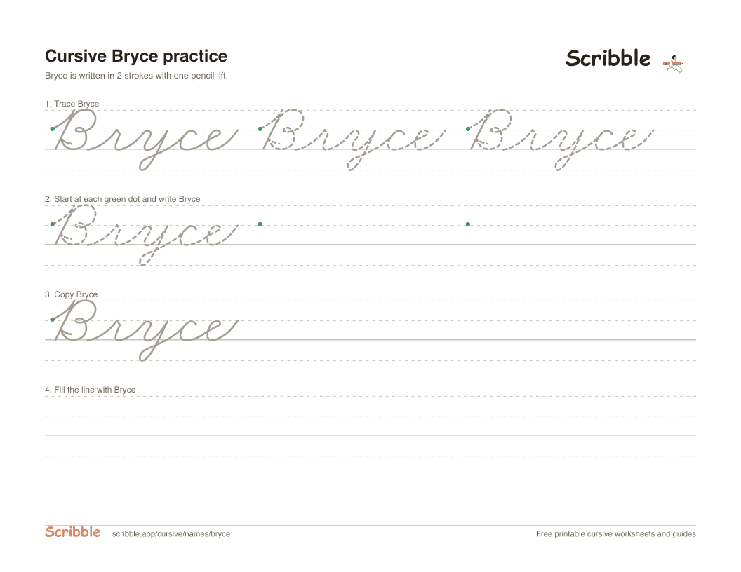Preview of the printable Bryce in cursive worksheet: trace, copy, and practice rows