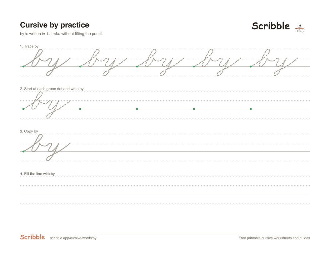 Preview of the printable by in cursive worksheet: trace, copy, and practice rows