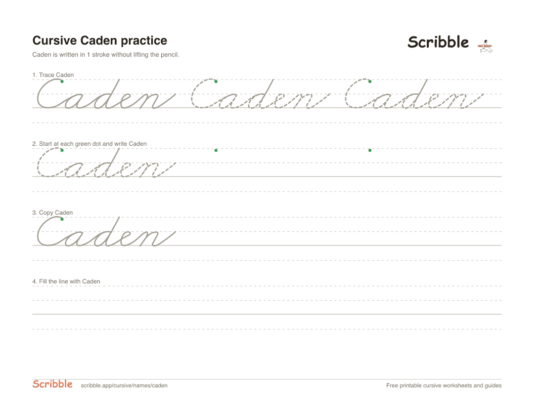 Preview of the printable Caden in cursive worksheet: trace, copy, and practice rows