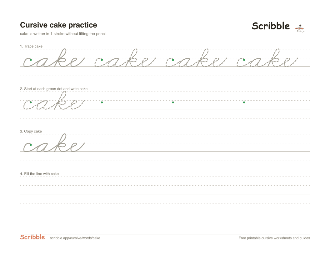 Preview of the printable cake in cursive worksheet: trace, copy, and practice rows