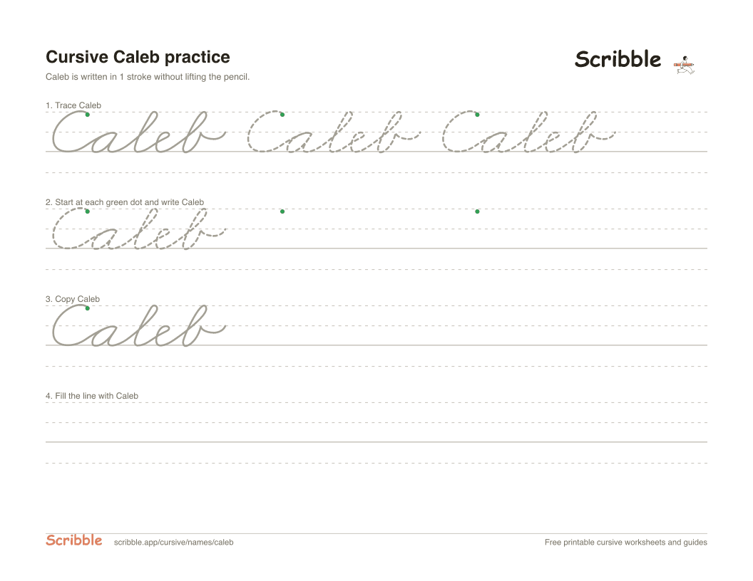 Preview of the printable Caleb in cursive worksheet: trace, copy, and practice rows