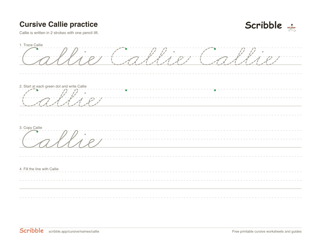 Preview of the printable Callie in cursive worksheet: trace, copy, and practice rows
