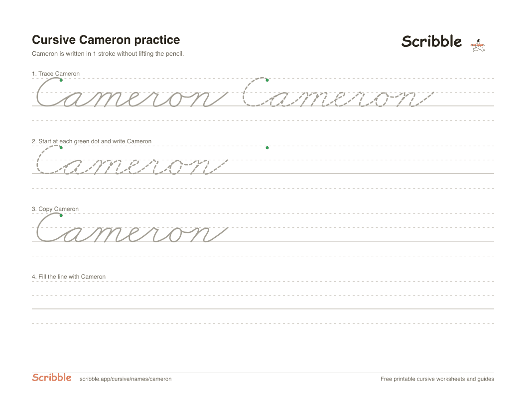 Preview of the printable Cameron in cursive worksheet: trace, copy, and practice rows