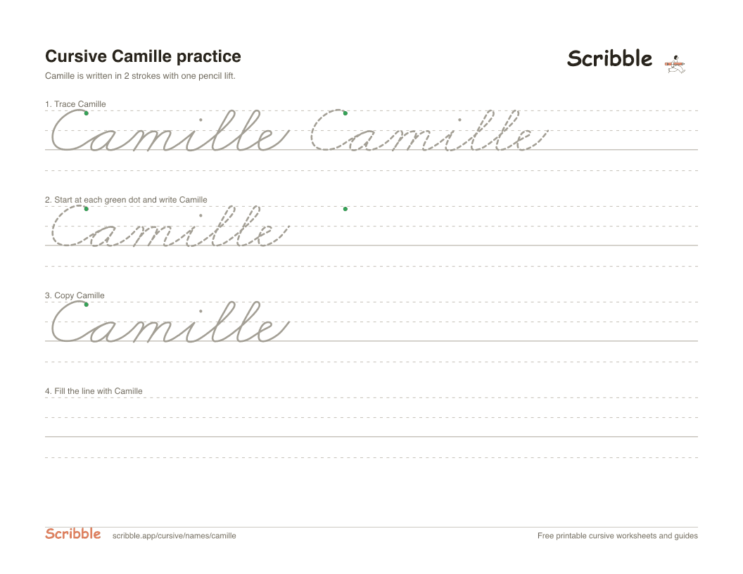 Preview of the printable Camille in cursive worksheet: trace, copy, and practice rows