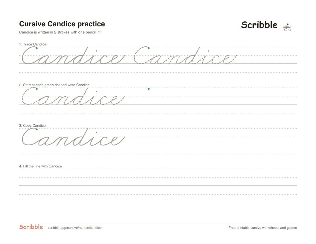 Preview of the printable Candice in cursive worksheet: trace, copy, and practice rows