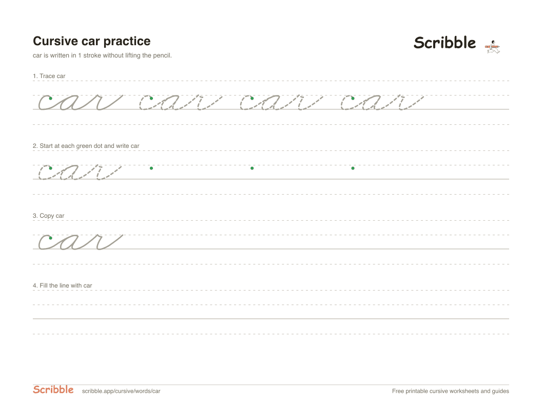 Preview of the printable car in cursive worksheet: trace, copy, and practice rows