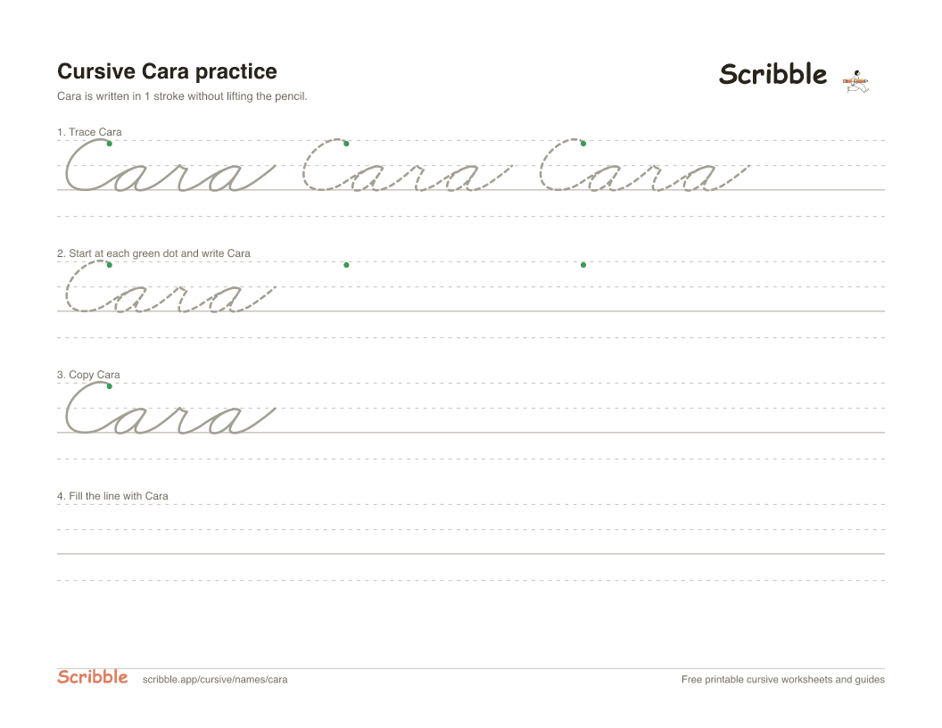 Preview of the printable Cara in cursive worksheet: trace, copy, and practice rows