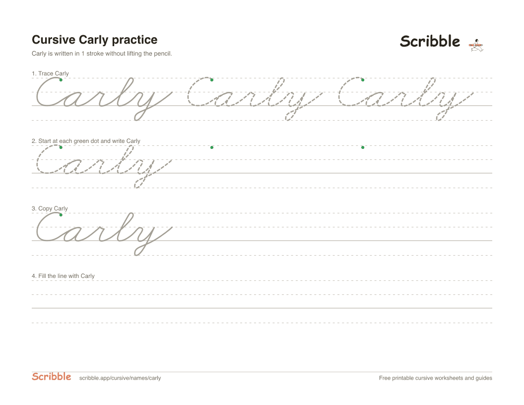 Preview of the printable Carly in cursive worksheet: trace, copy, and practice rows