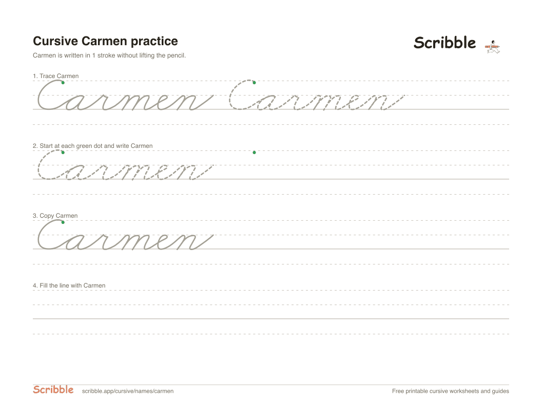 Preview of the printable Carmen in cursive worksheet: trace, copy, and practice rows