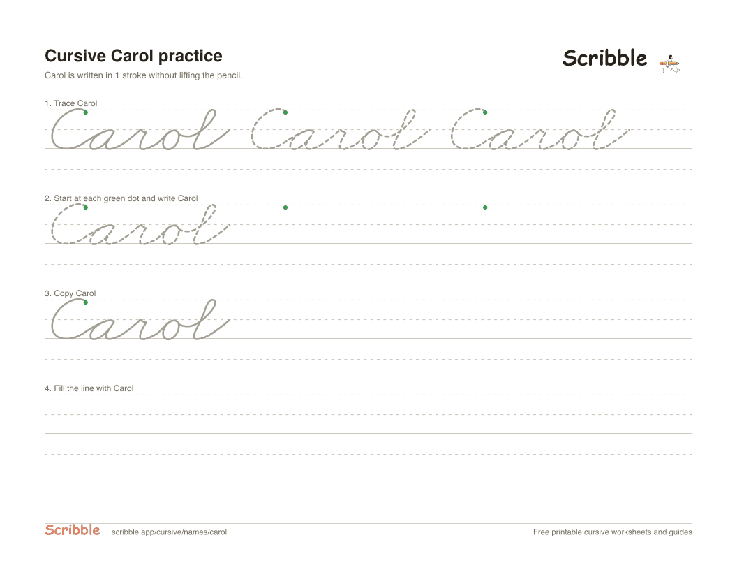 Preview of the printable Carol in cursive worksheet: trace, copy, and practice rows