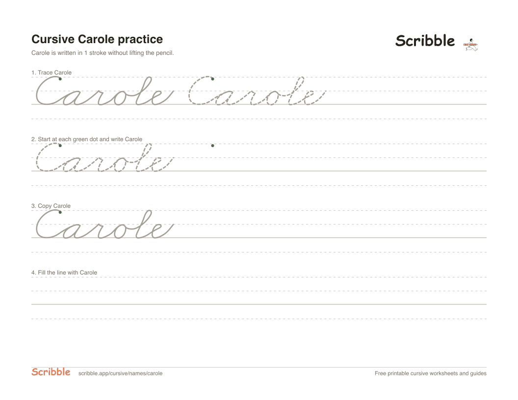 Preview of the printable Carole in cursive worksheet: trace, copy, and practice rows