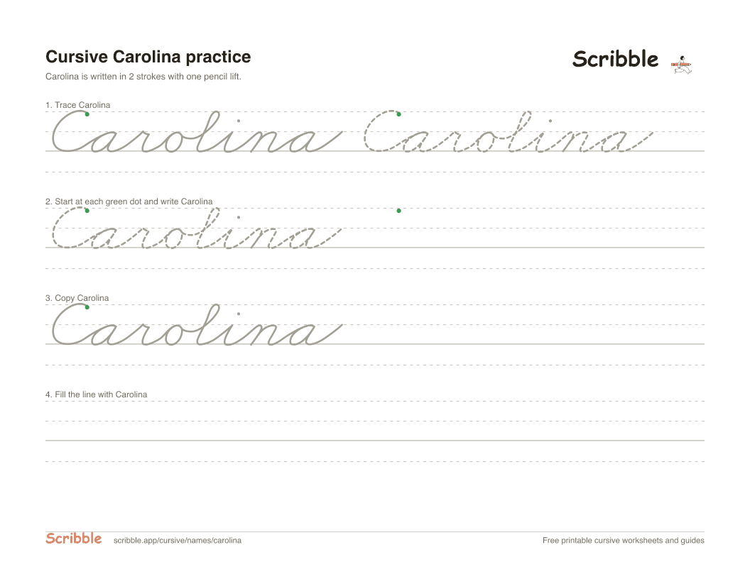 Preview of the printable Carolina in cursive worksheet: trace, copy, and practice rows