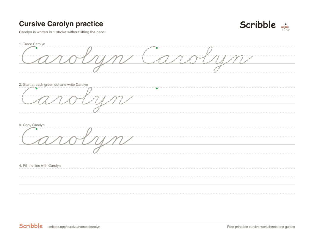 Preview of the printable Carolyn in cursive worksheet: trace, copy, and practice rows